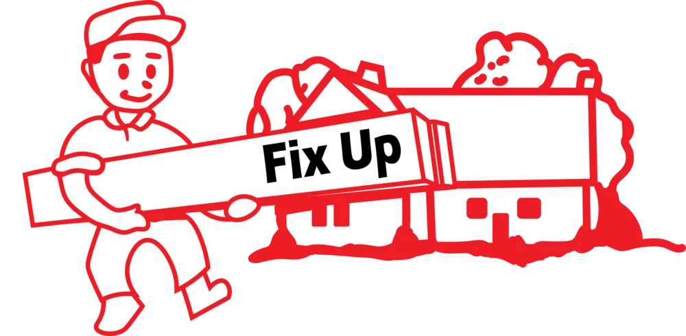 The familiar Fix Up mascot carrying a board in front of a house